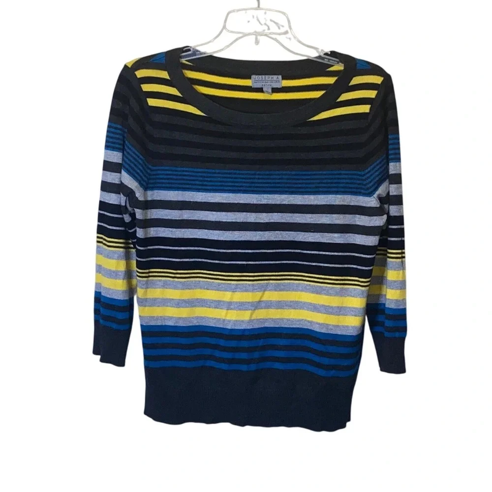 Joseph A Petite Sweater Striped Gray Blue Yellow Knit 3/4 Sleeve Top‎